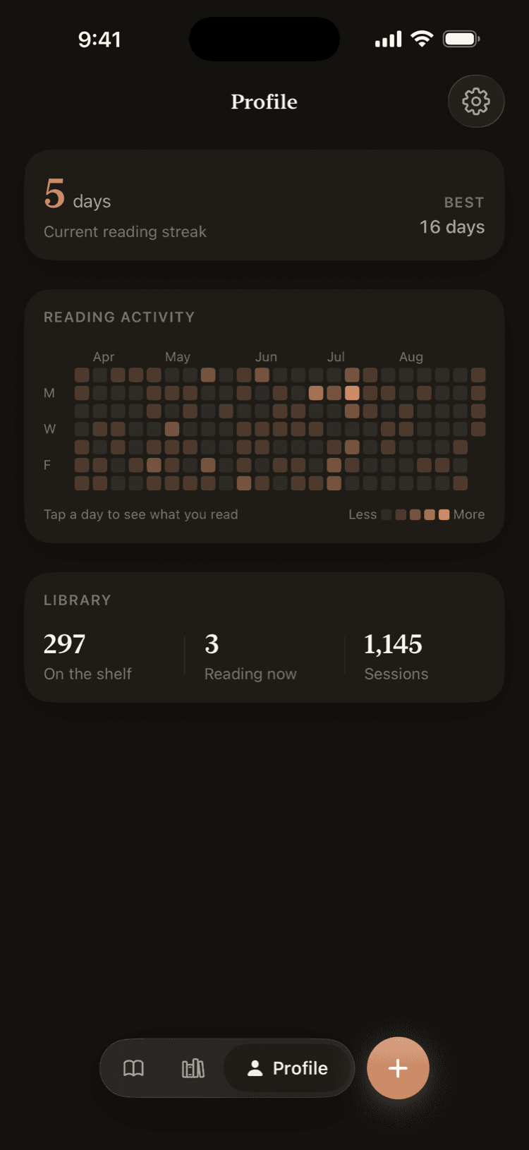 The Profile screen, showing reading streak and activity